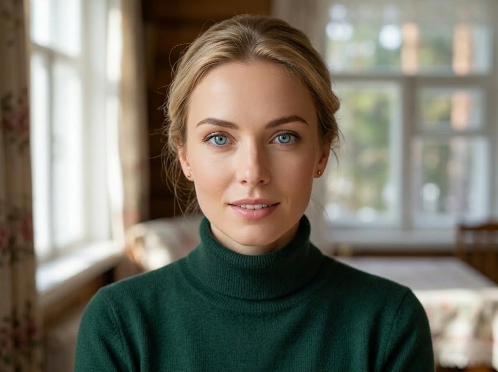 Close-up portrait of a blonde woman with blue eyes wearing a dark green turtleneck indoors near a window.