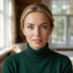 Close-up portrait of a blonde woman with blue eyes wearing a dark green turtleneck indoors near a window.