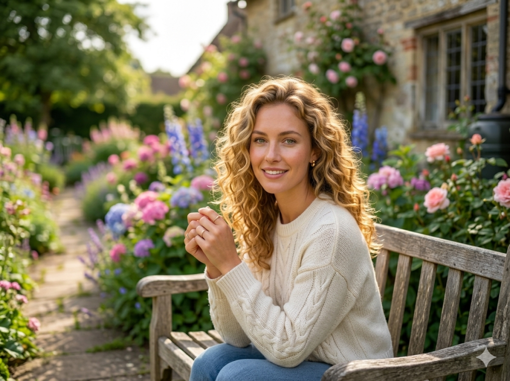 Woman with curly blonde hair in cream sweater sitting on wooden bench among colorful garden flowers.