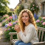 Woman with curly blonde hair in cream sweater sitting on wooden bench among colorful garden flowers.