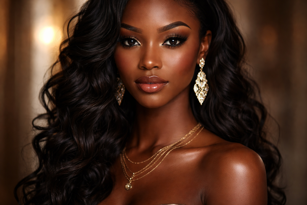 Close-up of a woman with long wavy hair wearing ornate gold earrings and layered gold necklaces