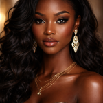 Close-up of a woman with long wavy hair wearing ornate gold earrings and layered gold necklaces
