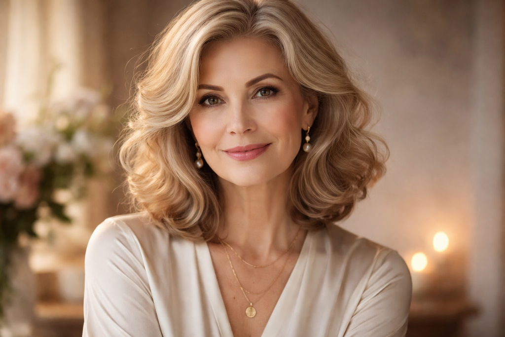 Close-up of a smiling mature woman with blonde wavy hair, pearl earrings, and gold necklaces in soft warm light