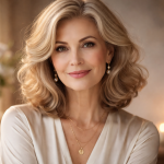 Close-up of a smiling mature woman with blonde wavy hair, pearl earrings, and gold necklaces in soft warm light