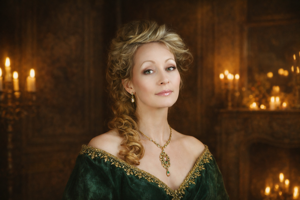 Portrait of a woman in an off-shoulder green velvet gown with gold embroidery and jewelry, illuminated by candlelight.