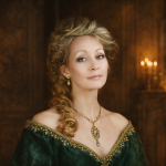 Portrait of a woman in an off-shoulder green velvet gown with gold embroidery and jewelry, illuminated by candlelight.