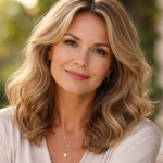 Close-up of a smiling blonde woman with wavy hair wearing gold jewelry in soft outdoor light.