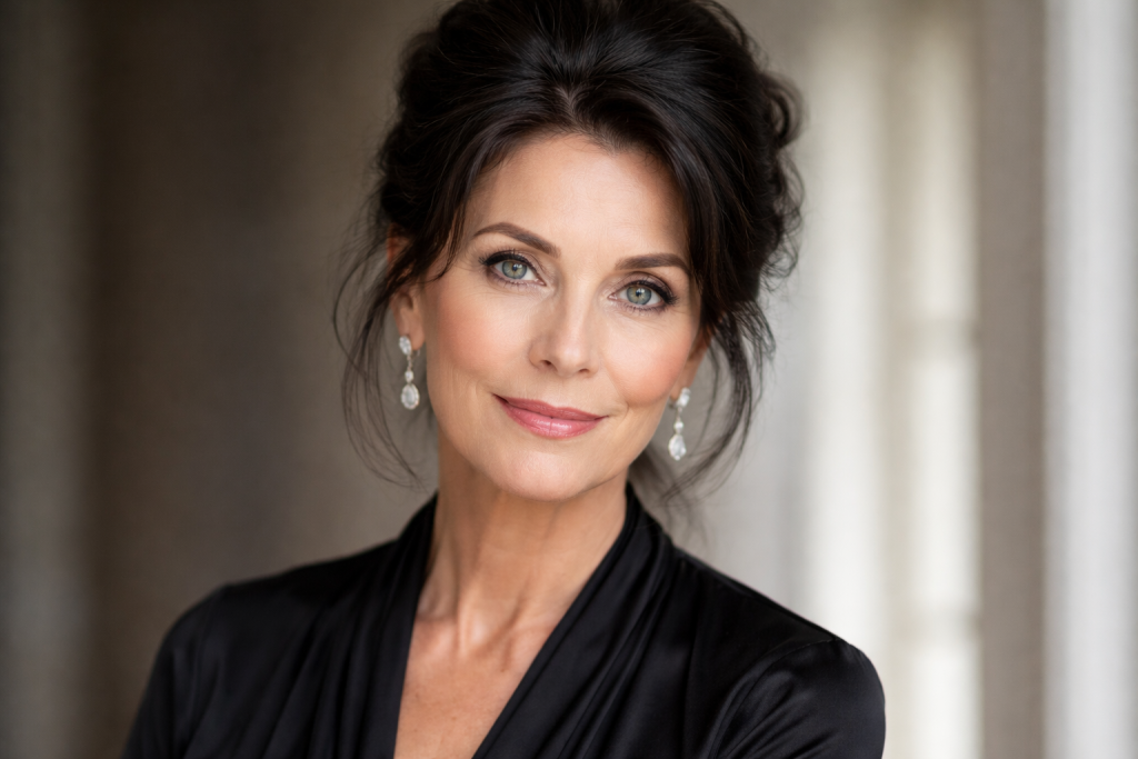 Close-up of a smiling woman with dark hair, drop earrings, and a black blouse indoors.