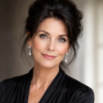Close-up of a smiling woman with dark hair, drop earrings, and a black blouse indoors.