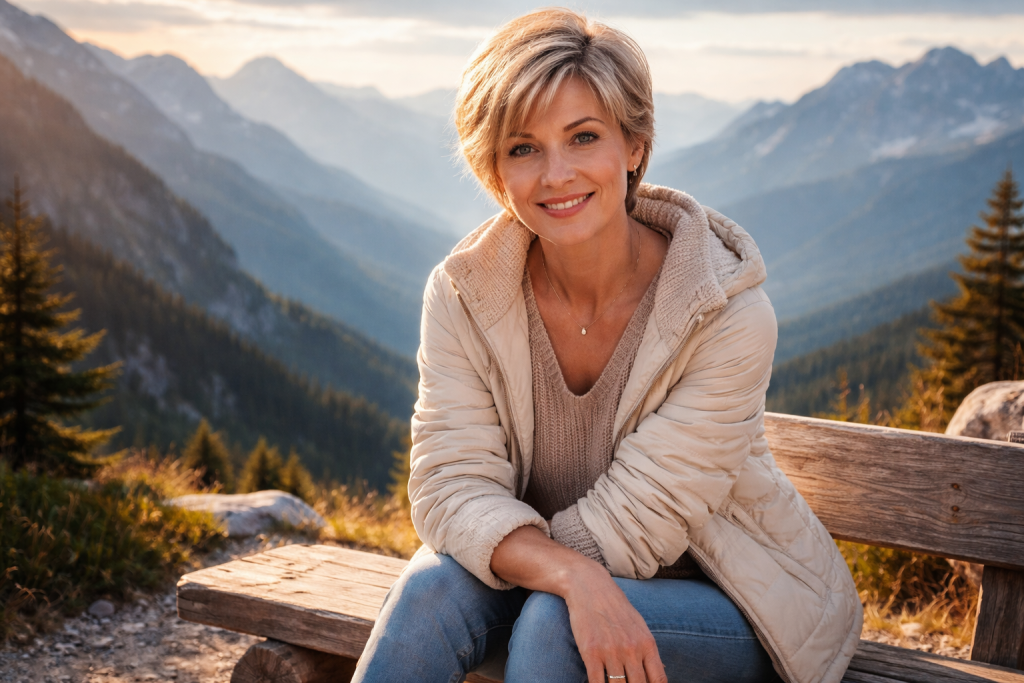 Woman in light jacket sitting on wooden bench smiling with sunlit mountain range in the background