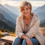 Woman in light jacket sitting on wooden bench smiling with sunlit mountain range in the background