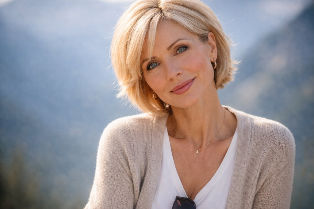 Close-up of a smiling blonde woman outdoors with soft sunlight and blurred mountain background.