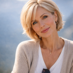 Close-up of a smiling blonde woman outdoors with soft sunlight and blurred mountain background.