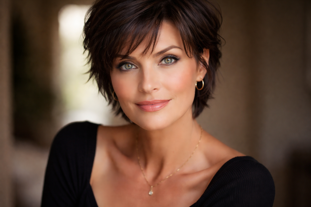 Close-up portrait of a woman with short dark hair, green eyes, and gold jewelry smiling softly.