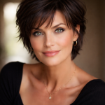 Close-up portrait of a woman with short dark hair, green eyes, and gold jewelry smiling softly.
