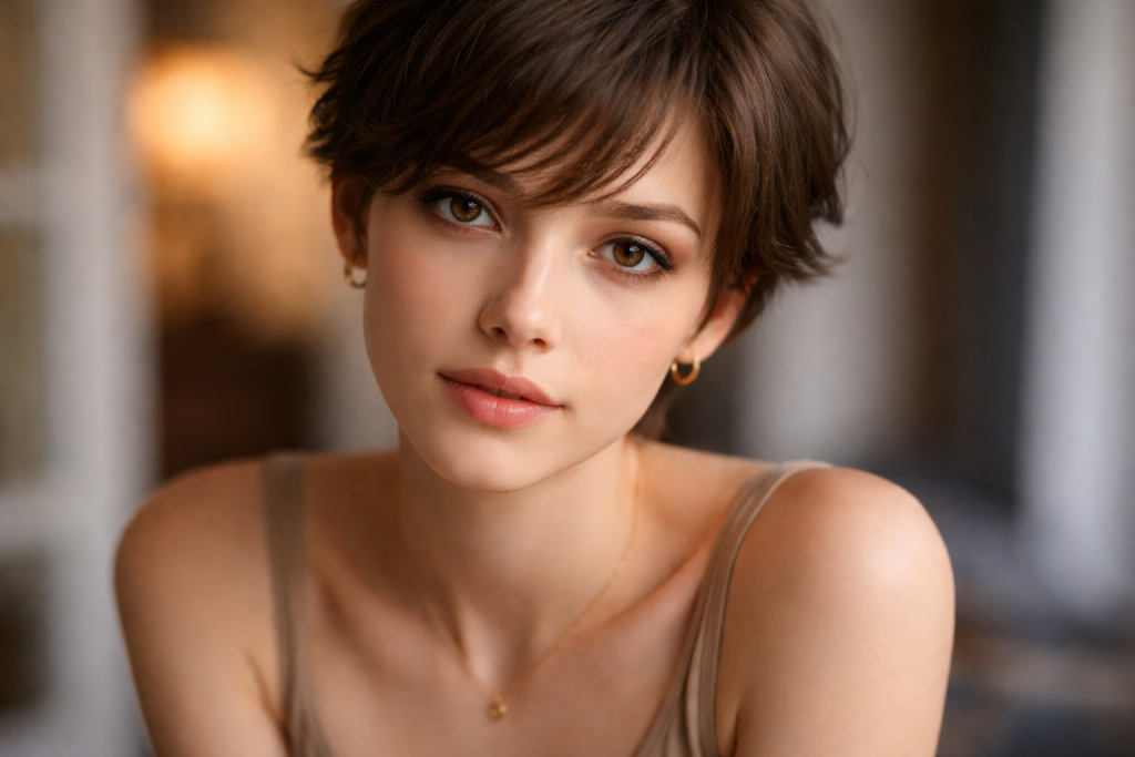 Close-up portrait of a young woman with short brown hair and golden brown eyes wearing gold hoop earrings