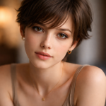 Close-up portrait of a young woman with short brown hair and golden brown eyes wearing gold hoop earrings