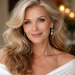 Close-up of an elegant blonde woman with wavy hair and diamond earrings smiling gently.