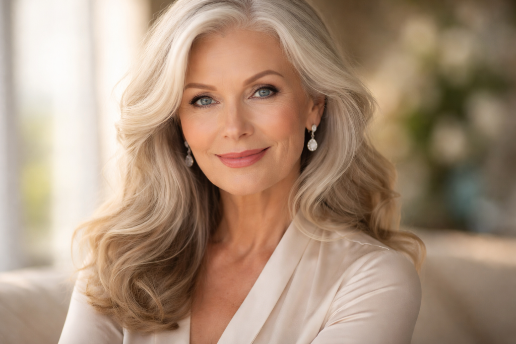 Close-up portrait of an elegant senior woman with long silver hair and blue eyes smiling gently