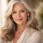 Close-up portrait of an elegant senior woman with long silver hair and blue eyes smiling gently