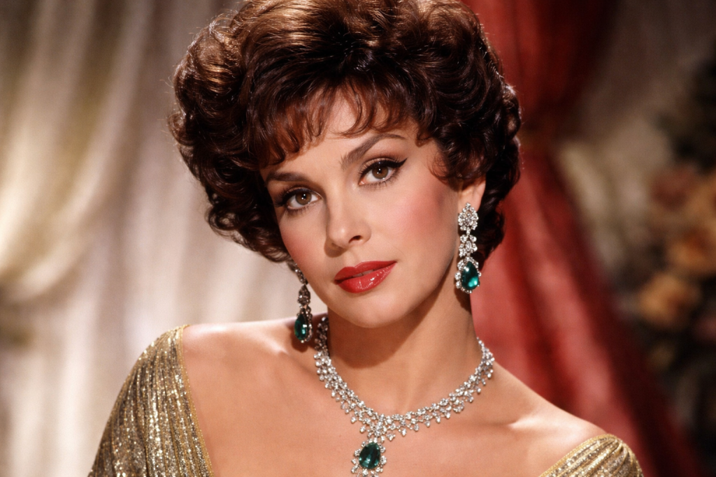 Close-up of a woman with short curly hair wearing emerald and diamond earrings and necklace
