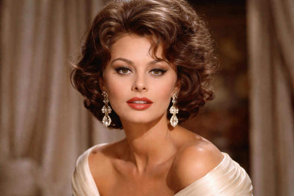 Woman with voluminous brunette curls, pearl earrings, and red lipstick in an off-shoulder satin dress.
