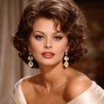 Woman with voluminous brunette curls, pearl earrings, and red lipstick in an off-shoulder satin dress.