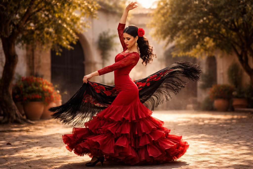 Woman performing flamenco dance outdoors in a flowing red dress with black shawl.