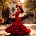 Woman performing flamenco dance outdoors in a flowing red dress with black shawl.