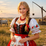 Blonde woman in a traditional Slavic embroidered dress stands in a field with cattle and a wooden well.