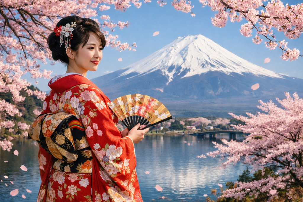 A woman wearing a red floral kimono holds a decorative fan near cherry blossoms with Mount Fuji in the background.