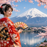 A woman wearing a red floral kimono holds a decorative fan near cherry blossoms with Mount Fuji in the background.