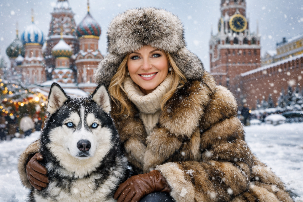 Smiling woman in fur coat and hat poses with black and white husky amid snowfall in Moscow's Red Square.