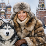 Smiling woman in fur coat and hat poses with black and white husky amid snowfall in Moscow's Red Square.