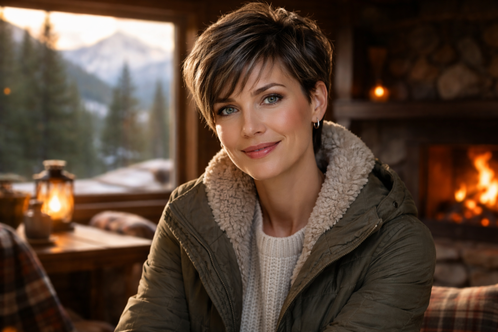 Smiling woman in winter coat inside a cabin with a fireplace and snowy mountain view through the window.