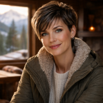 Smiling woman in winter coat inside a cabin with a fireplace and snowy mountain view through the window.