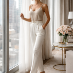 Blonde woman in beige top and white trousers stands by window with city view