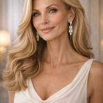Blonde woman with long wavy hair wearing white dress and sparkling earrings smiling indoors