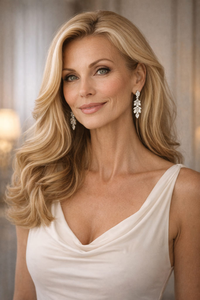 Blonde woman with long wavy hair wearing white dress and sparkling earrings smiling indoors